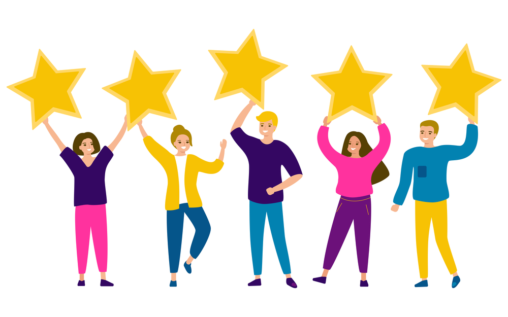 Group of young happy people are holding stars in their hands. Men and women striving for perfection, star of success, dreams, excellence in life. Rating five stars. Vector